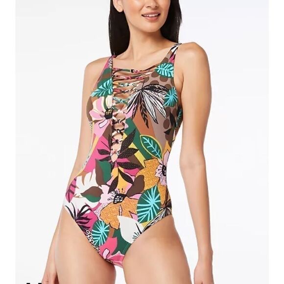 BLEU BY ROD BEATTIE  Lace-Up Over-the-Shoulder Swimsuit Jungle Book Floral 14 - Picture 4 of 15